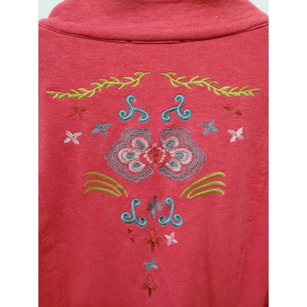 womens size Medium kimono jacket red with floral embroidery boho button up long - Picture 3 of 3